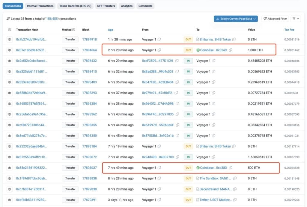 Coinbase Receives Token Transfer From Voyager