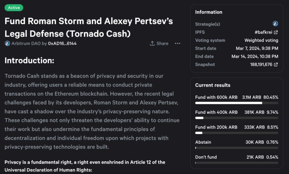 Arbitrum DAO Withdraws Proposal Supporting Tornado Cash Developers