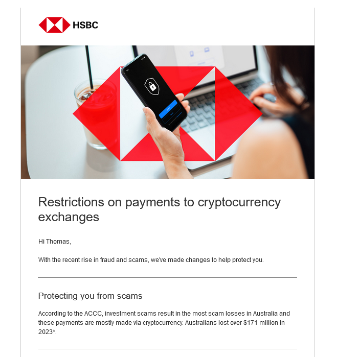 HSBC Australia Blocks Payments to Crypto Exchanges, Citing Scam Concerns