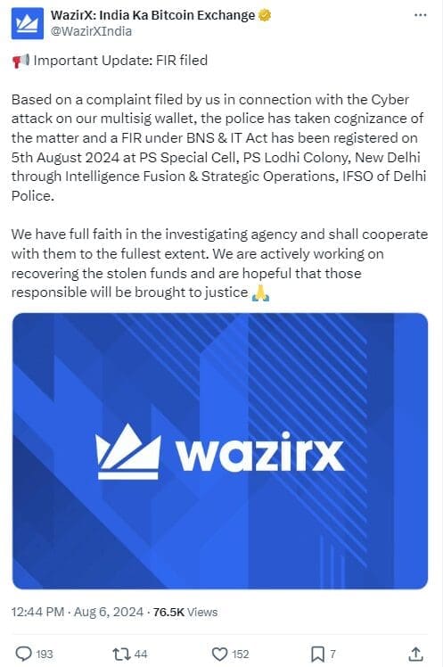 Crypto Exchange WazirX Files FIR After $230 Million Hack