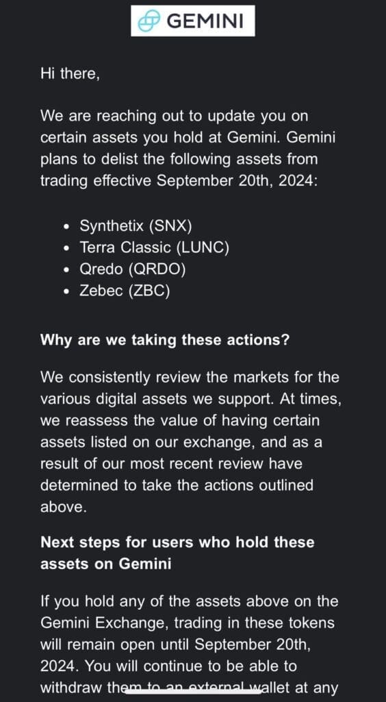 Gemini set to delist Terra Luna Classic (LUNC) and 3 other cryptocurrencies as part of a broader market strategy