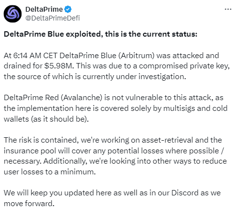DeltaPrime Loses $6 Million in Arbitrum Network Hack